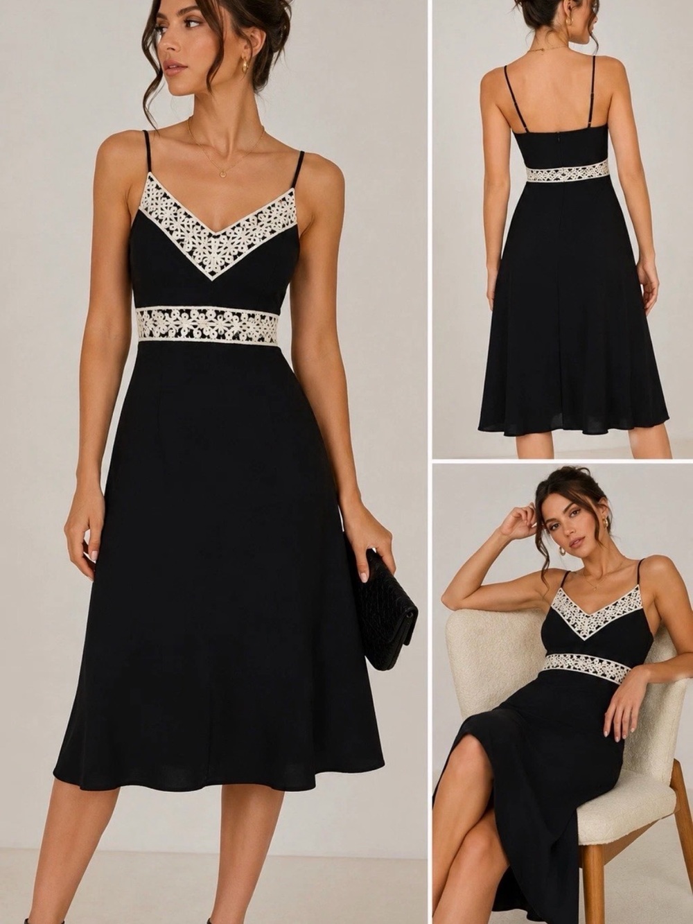 Ann Taylor Black Slip Dress Size 6 Crochet Lace Trim Spaghetti Strap Midi Y2K